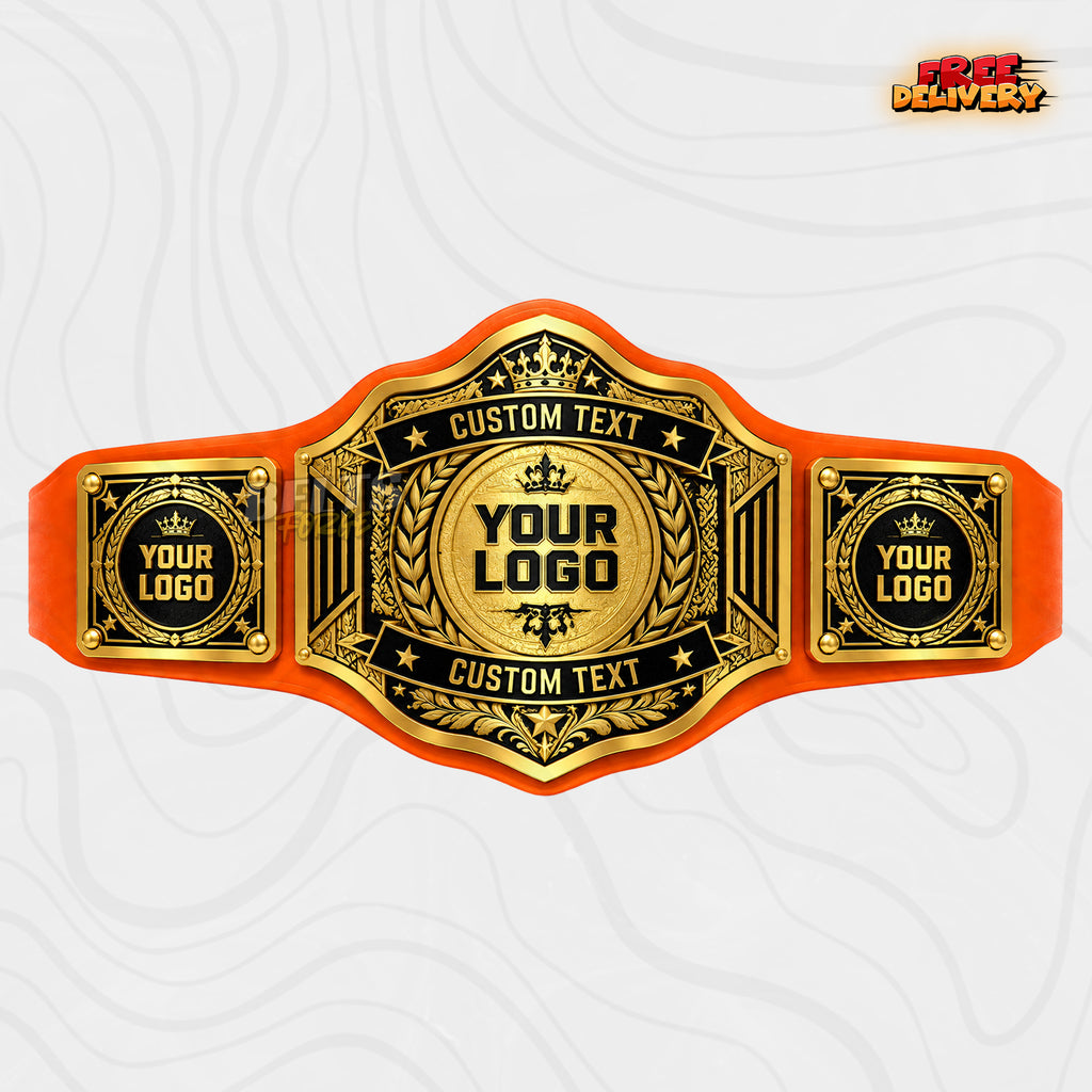 Custom Crown Laurel Dual Banner Championship Belt in orange genuine leather strap showing gold black ornate plates with top and bottom text banners