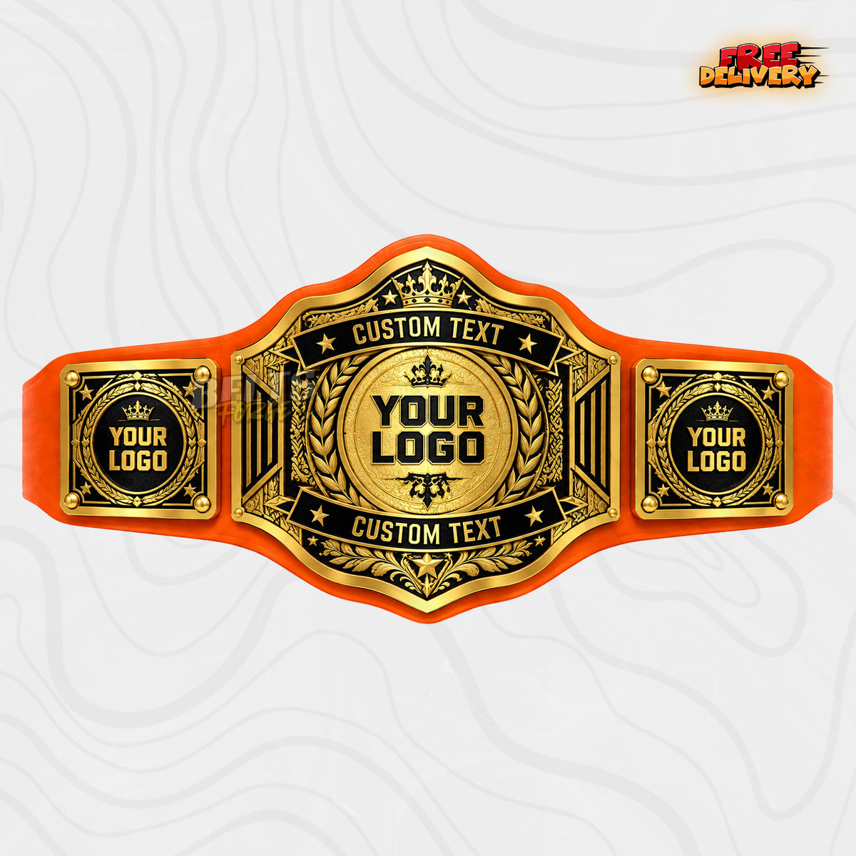 Custom Crown Laurel Dual Banner Championship Belt in orange genuine leather strap showing gold black ornate plates with top and bottom text banners