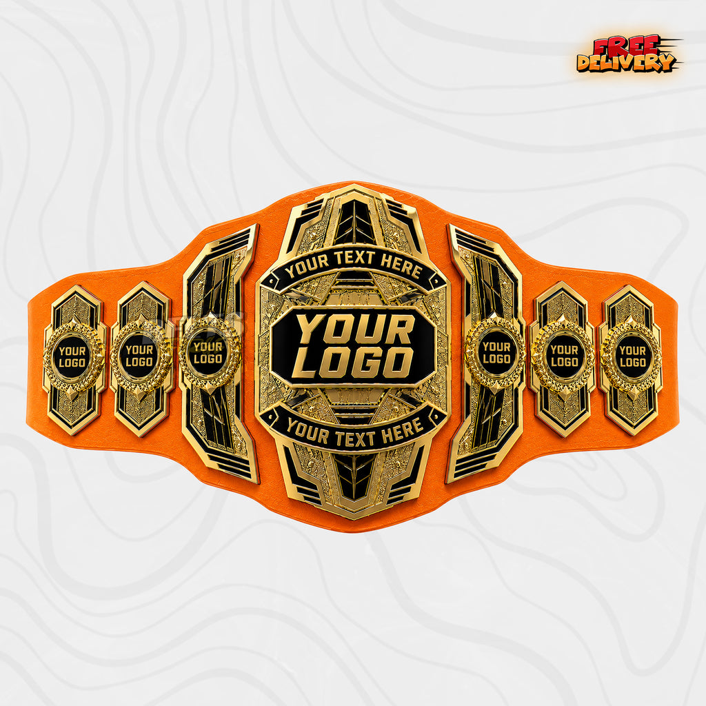 Custom Multi-Plate Gold Championship Belt in orange genuine leather strap showing black and gold plates with six logo side plates