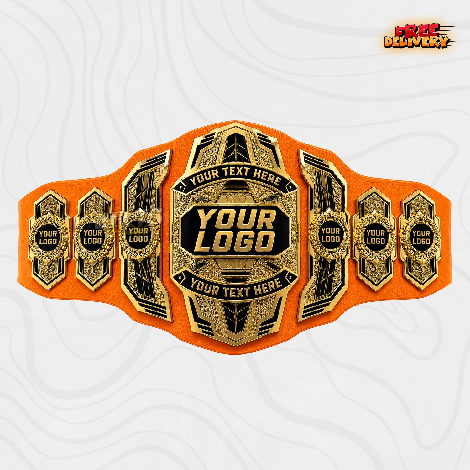 Custom Multi-Plate Gold Championship Belt in orange genuine leather strap showing black and gold plates with six logo side plates