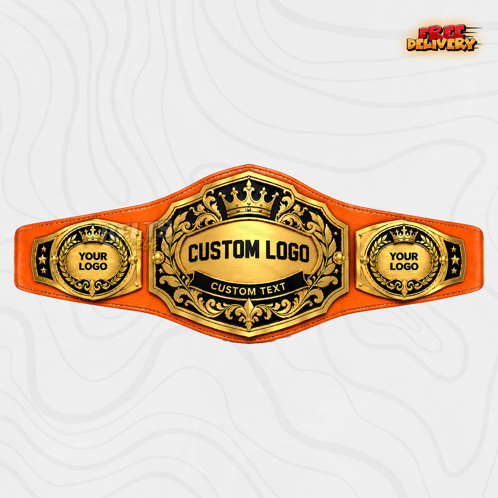 Custom Crown Shield Fleur-de-Lis Championship Belt in orange genuine leather strap showing black and gold scrollwork plate with star logo side plates