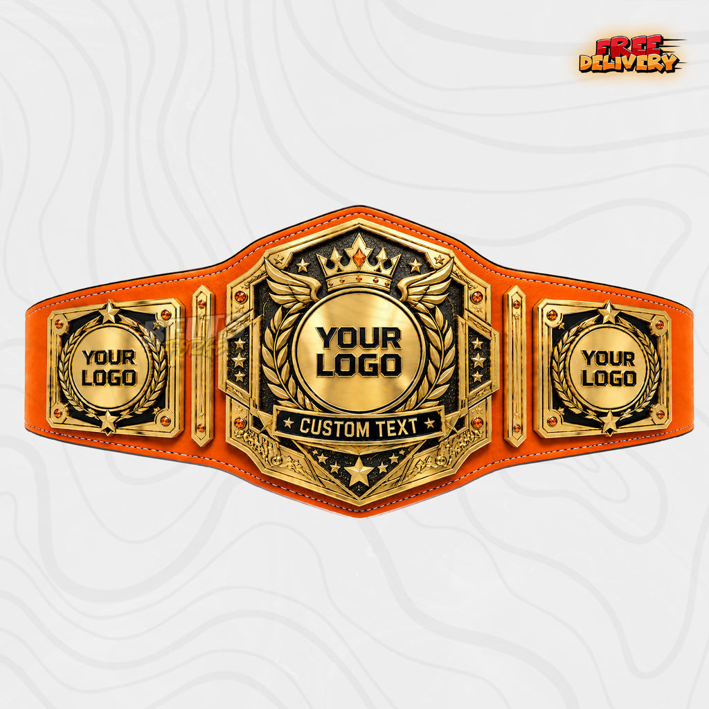 Custom Winged Crown Gemstone Championship Belt in orange genuine leather strap showing gold black winged crown plate with amber gems and three logo plates