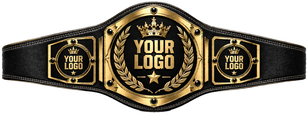 Custom Crown Laurel Gemstone Championship Belt in black genuine leather strap showing gold crown laurel plate with black onyx gems by Belts Forge