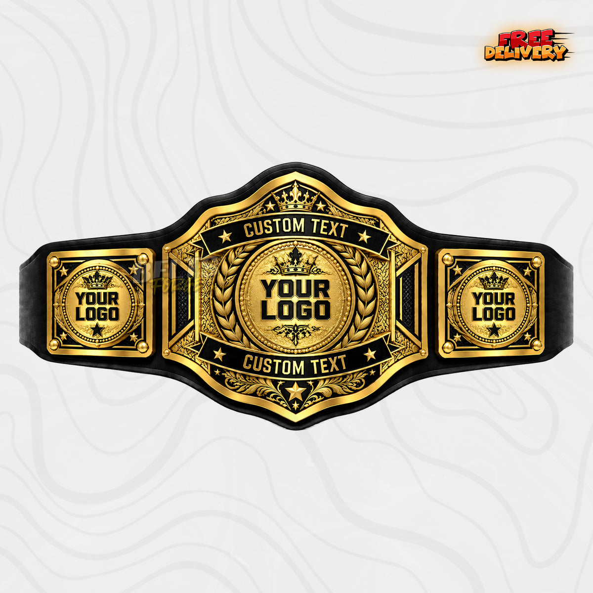 Custom Crown Laurel Dual Banner Championship Belt in black genuine leather strap showing gold crown laurel plate with dual custom text banners by Belts Forge