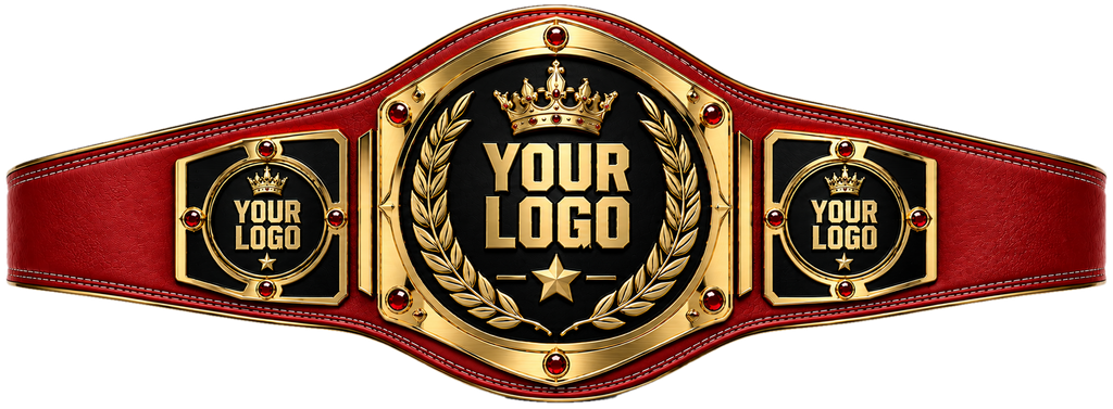 Custom Crown Laurel Gemstone Championship Belt in red genuine leather strap showing gold crown laurel wreath plate with ruby gems