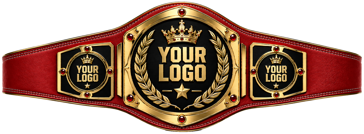 Custom Crown Laurel Gemstone Championship Belt in red genuine leather strap showing gold crown laurel wreath plate with ruby gems