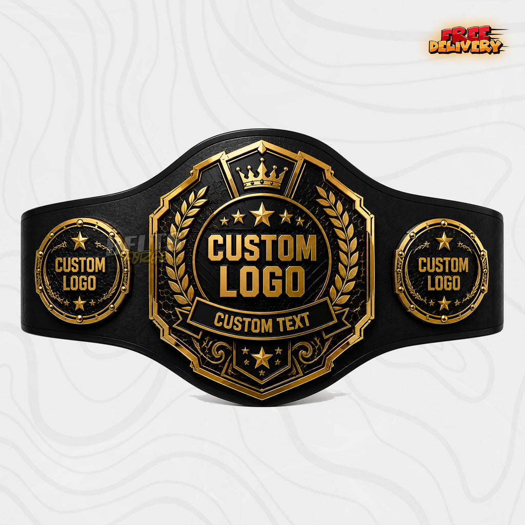 Custom Crown Octagon Championship Belt in black genuine leather strap showing gold crown octagon plate with laurel wreath by Belts Forge
