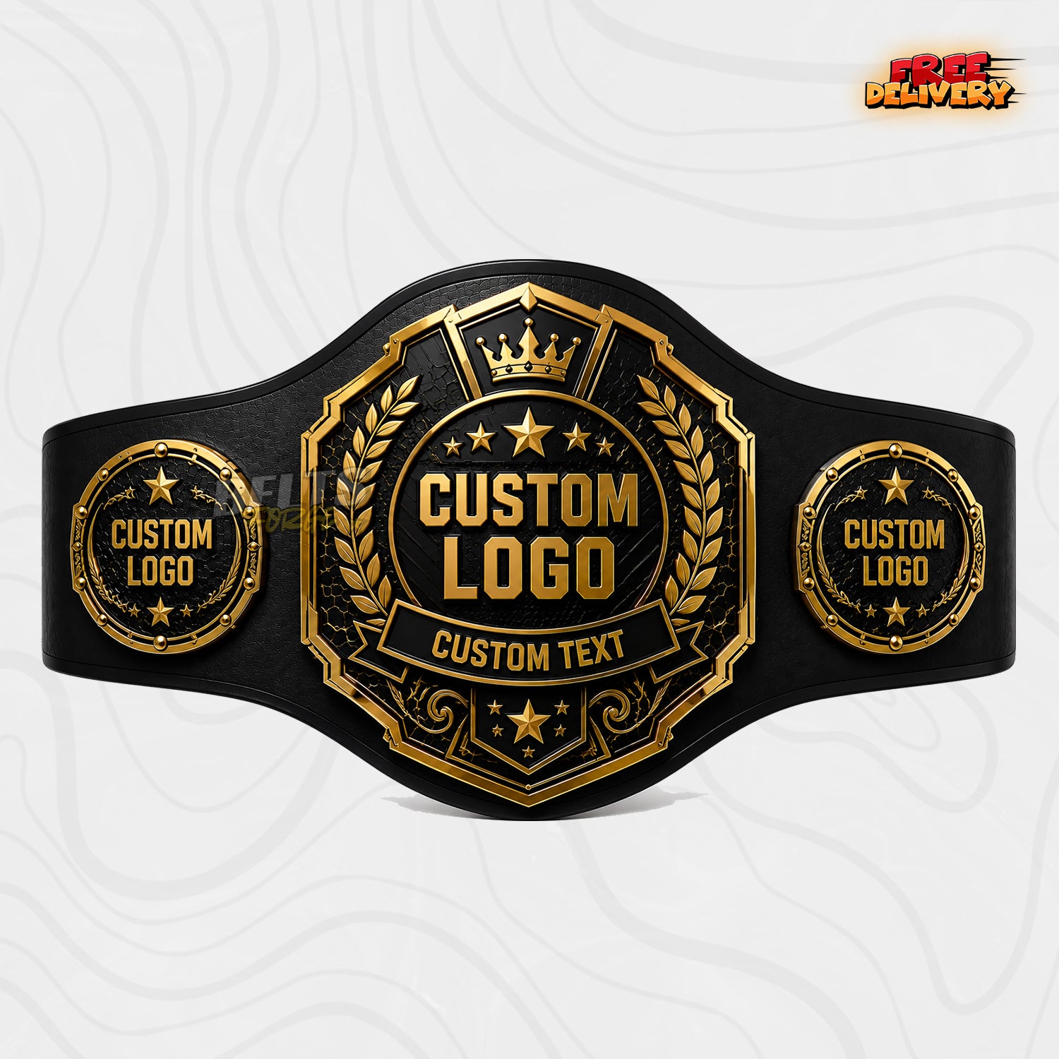 Custom Crown Octagon Championship Belt in black genuine leather strap showing gold crown octagon plate with laurel wreath by Belts Forge