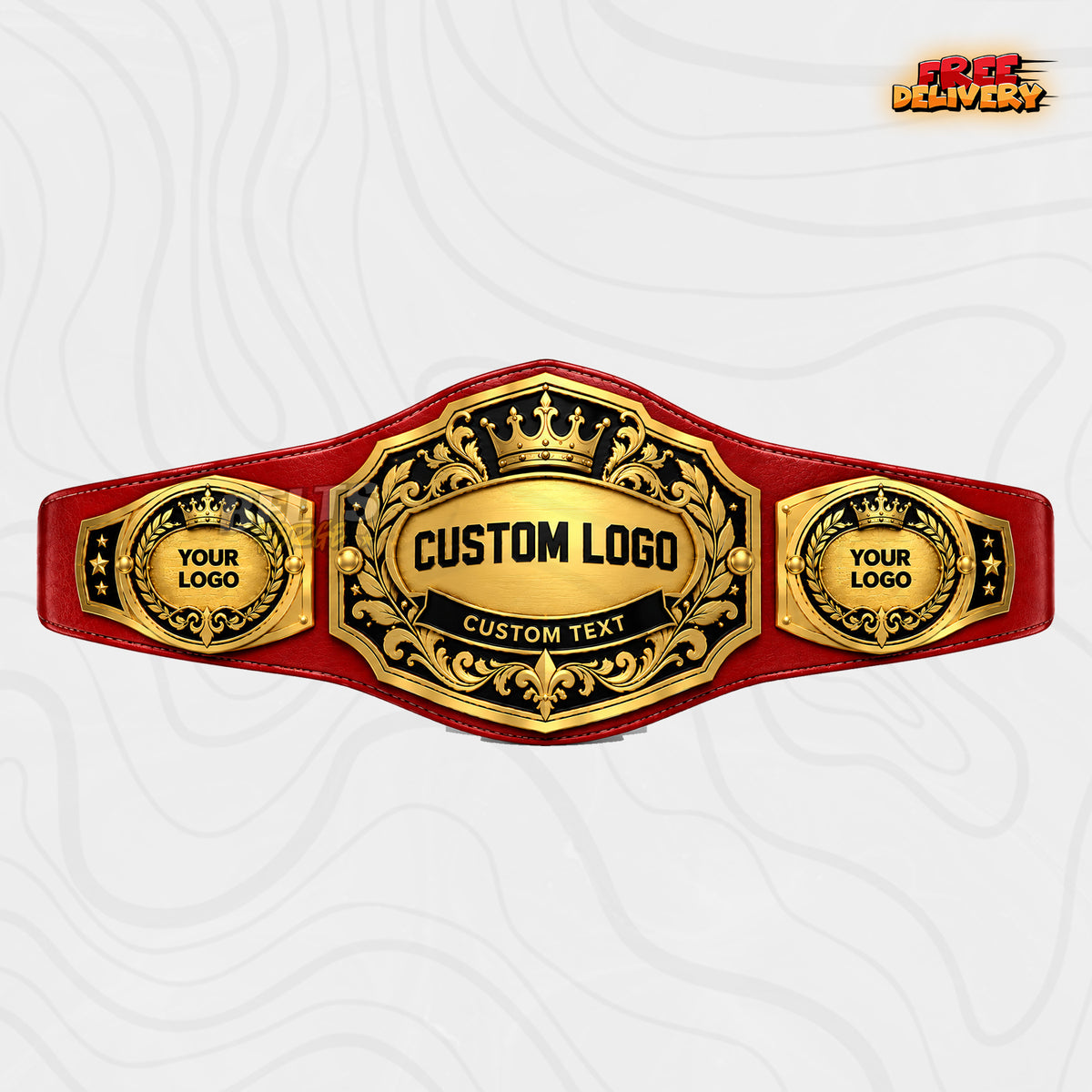 Custom Crown Shield Fleur-de-Lis Championship Belt in red genuine leather strap showing gold crown oval logo plate with personalized text ribbon