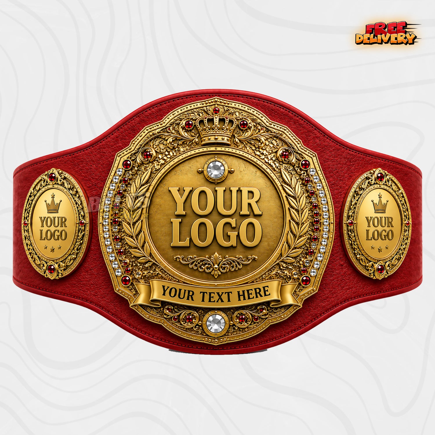 Custom Royal Crown Laurel Championship Belt in red genuine leather strap showing gold crown plate with pearl and ruby border and oval logo side plates