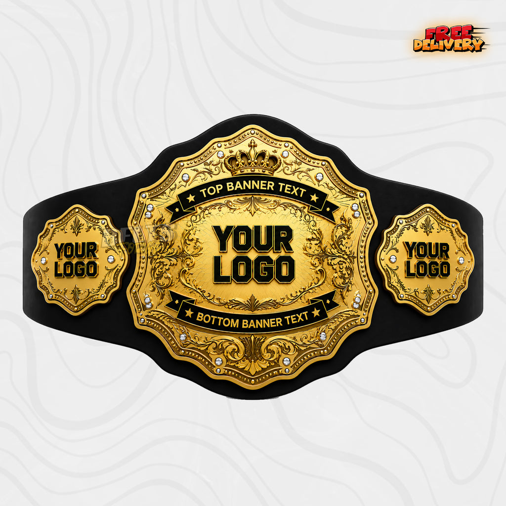 Custom Crown Sunburst Championship Belt in black genuine leather strap showing gold crown plate with rhinestone studs and banner text by Belts Forge