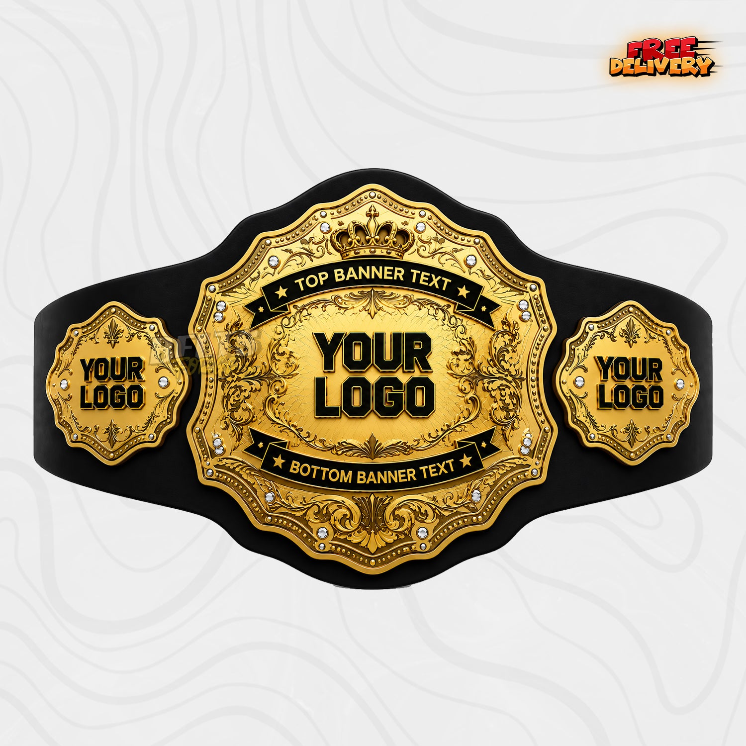 Custom Crown Sunburst Championship Belt in black genuine leather strap showing gold crown plate with rhinestone studs and banner text by Belts Forge
