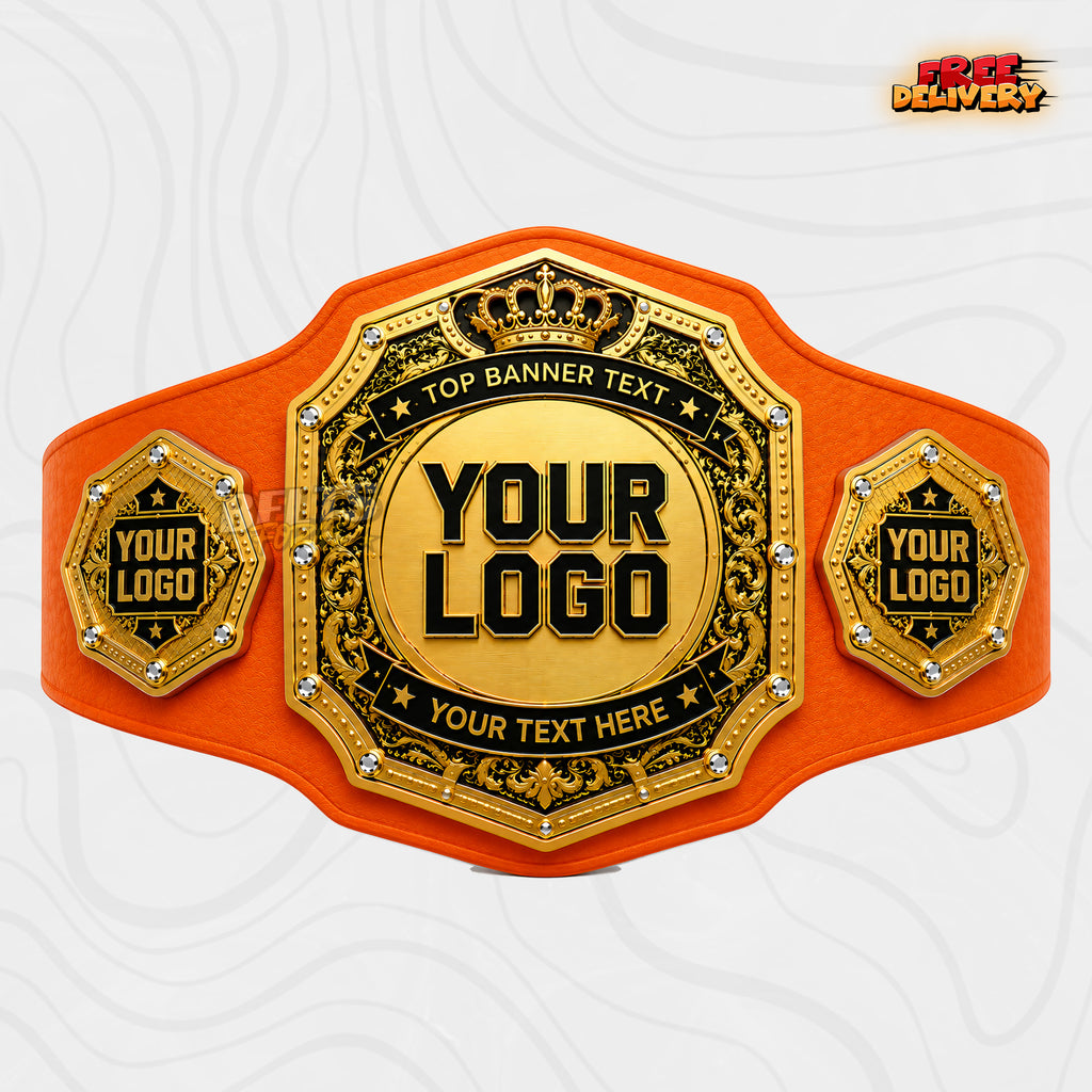 Custom Octagon Crown Medallion Championship Belt in orange genuine leather strap showing gold crown plates with rhinestone studs and octagon logo side plates