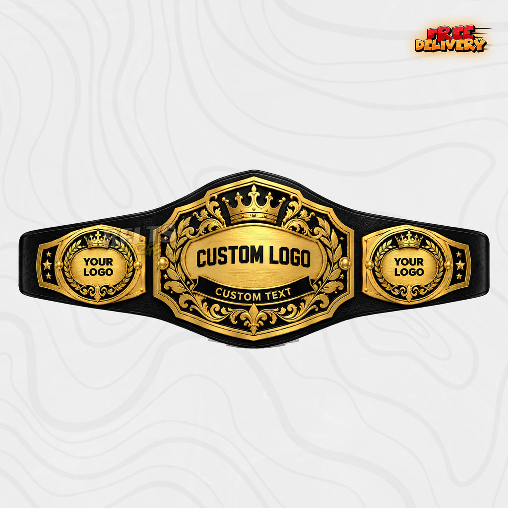 Custom Crown Shield Fleur-de-Lis Championship Belt in black genuine leather strap showing gold crown shield plate with fleur-de-lis detailing by Belts Forge