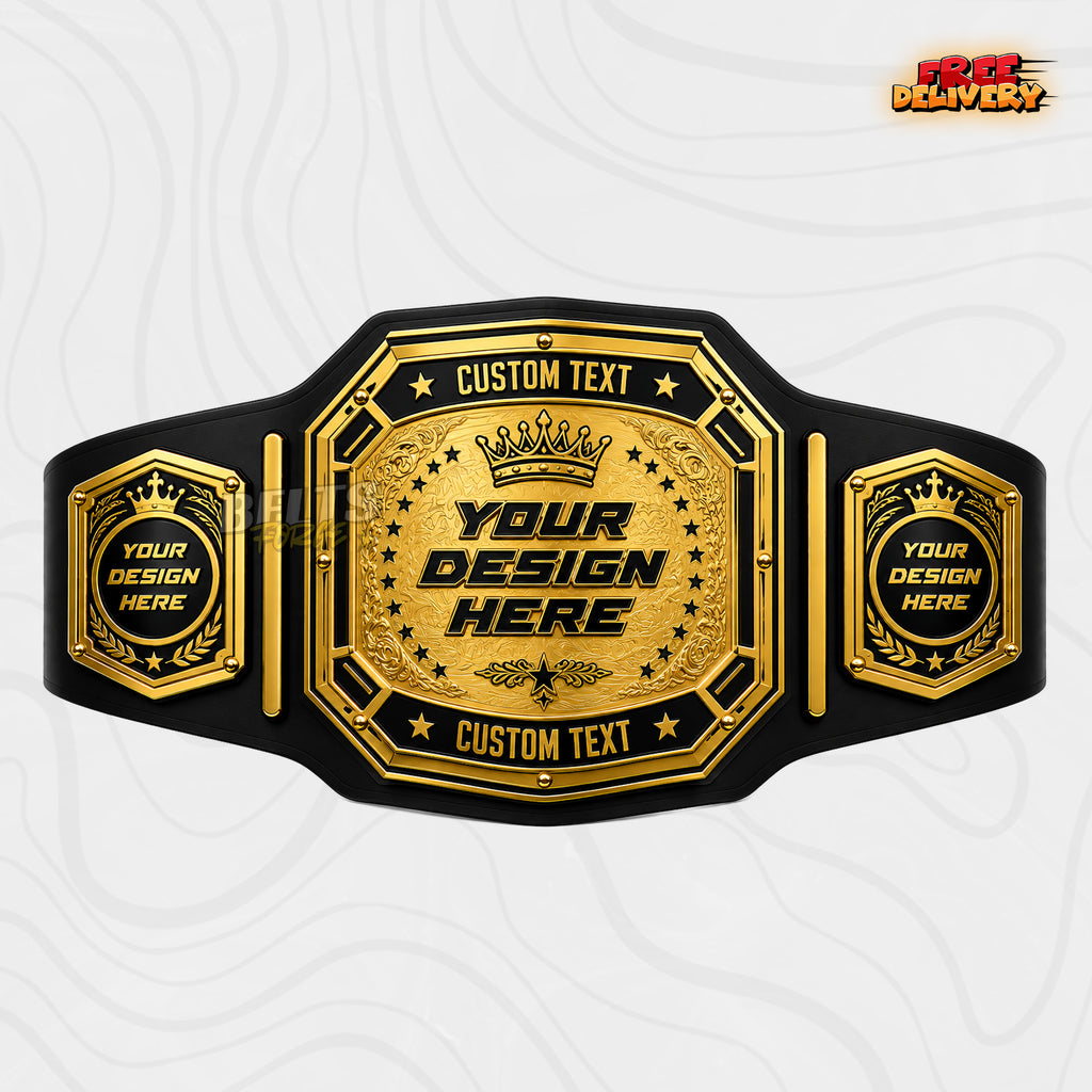 Custom Crown Star Arc Championship Belt in black genuine leather strap showing gold crown plate with star arc engraving by Belts Forge