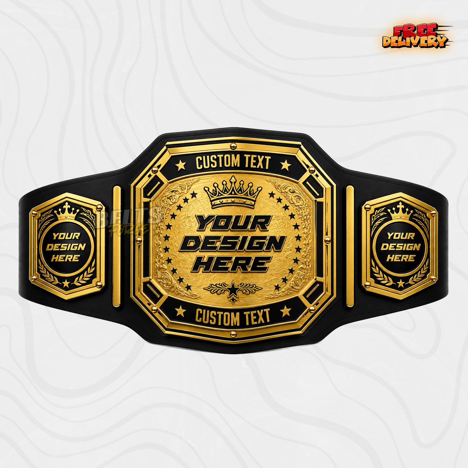 Custom Crown Star Arc Championship Belt in black genuine leather strap showing gold crown plate with star arc engraving by Belts Forge