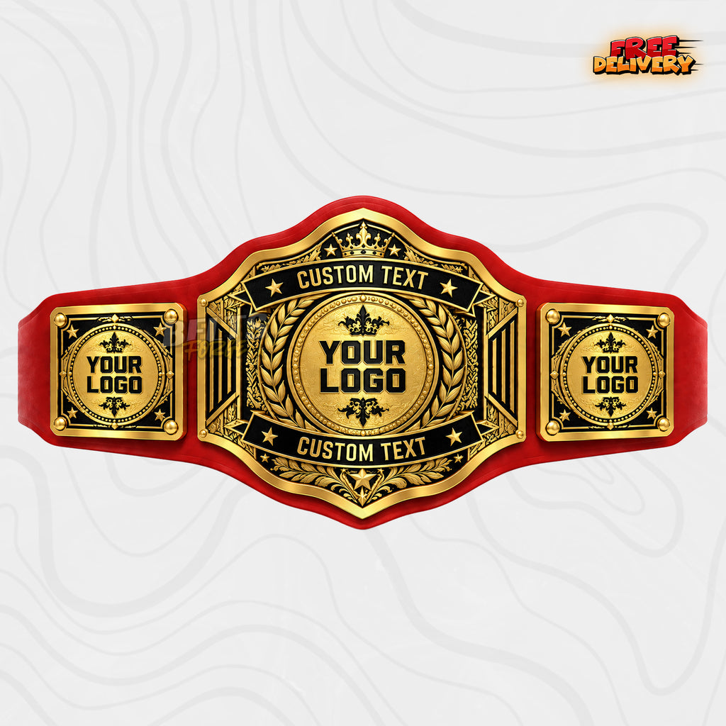 Custom Crown Laurel Dual Banner Championship Belt in red genuine leather strap showing gold crown star plate with personalized logo and text