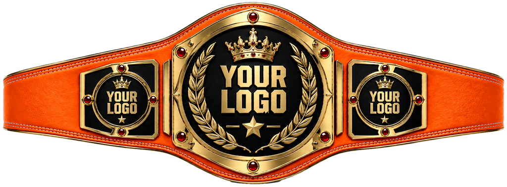 Custom Crown Laurel Gemstone Championship Belt in orange genuine leather strap showing gold crown star plate with red gems and three logo plates