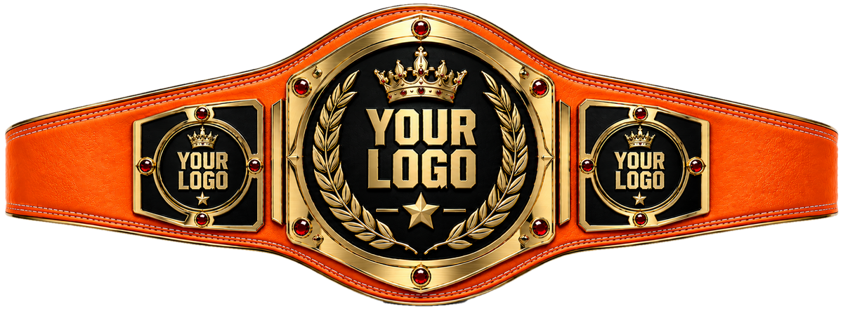 Custom Crown Laurel Gemstone Championship Belt in orange genuine leather strap showing gold crown star plate with red gems and three logo plates