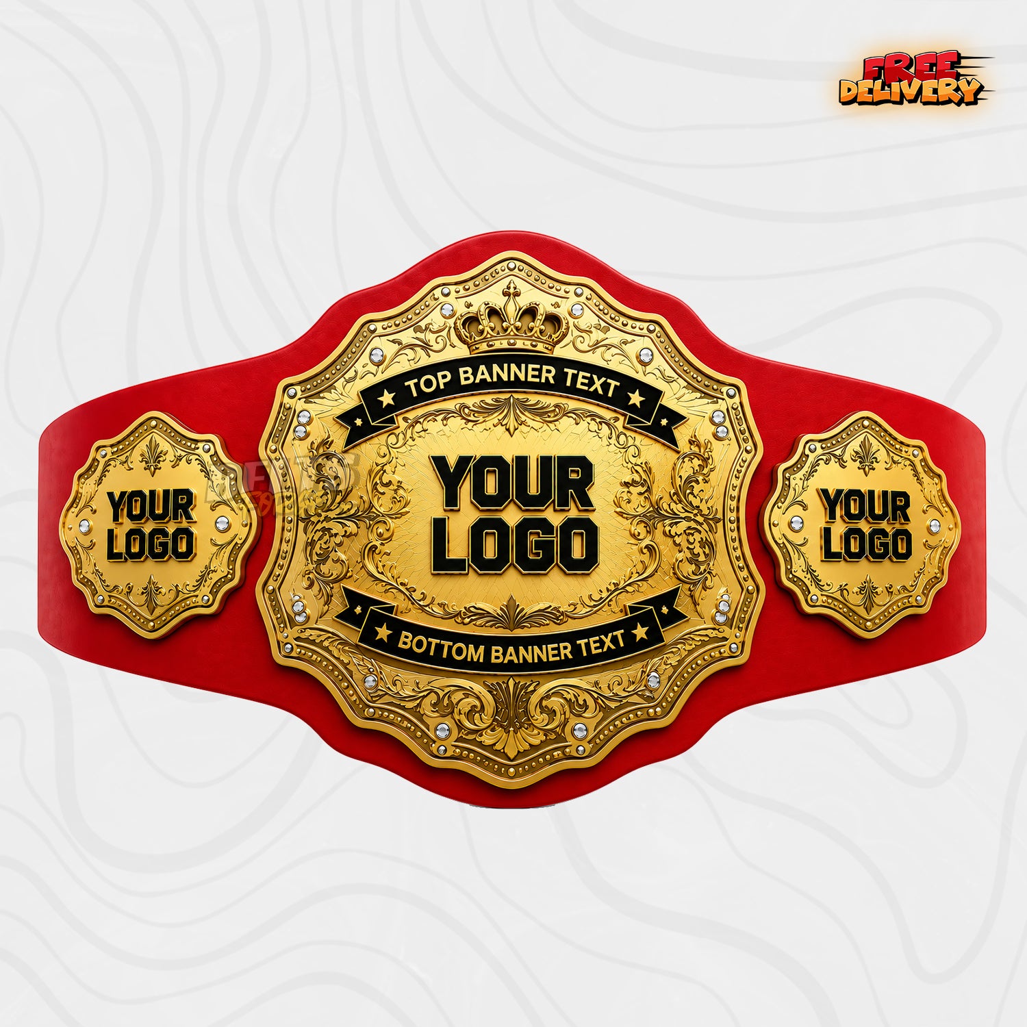 Custom Crown Sunburst Championship Belt in red genuine leather strap showing gold crown sunburst oval plate with personalized logo text