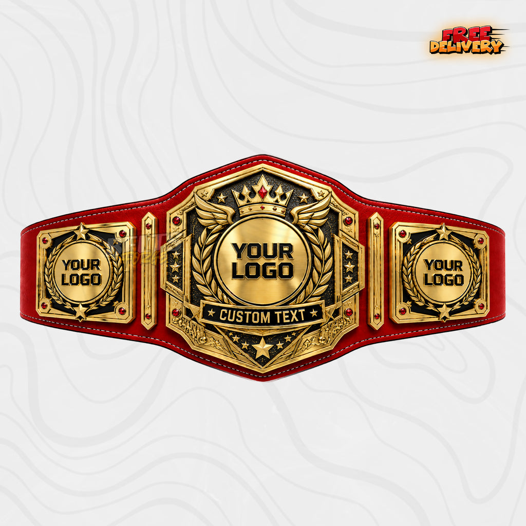 Custom Winged Crown Gemstone Championship Belt in red genuine leather strap showing gold crown wing star plate with ruby red gems