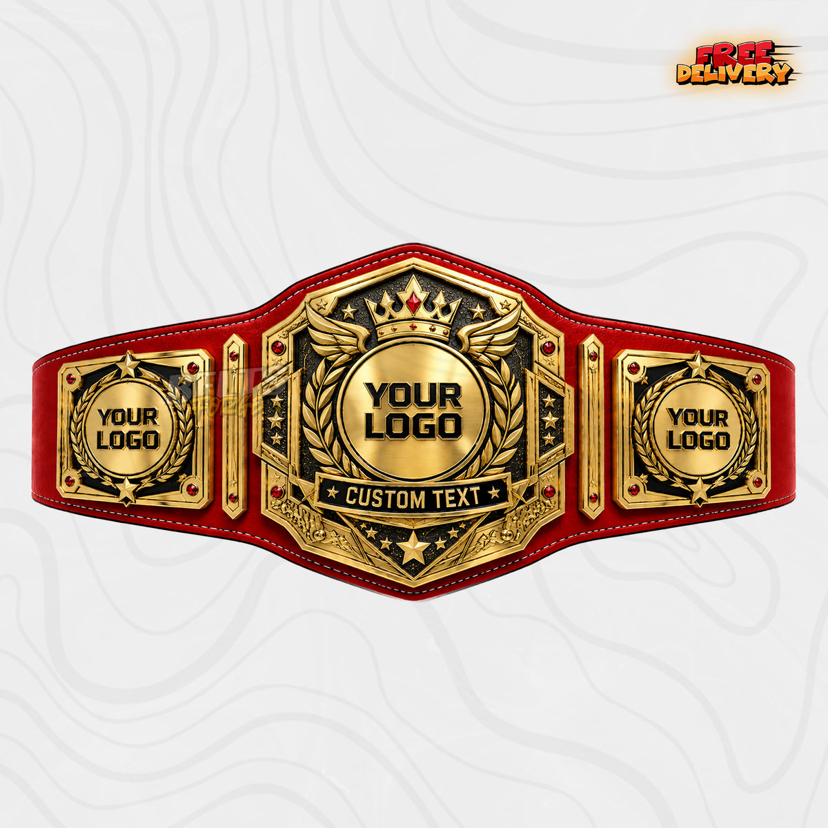 Custom Winged Crown Gemstone Championship Belt in red genuine leather strap showing gold crown wing star plate with ruby red gems