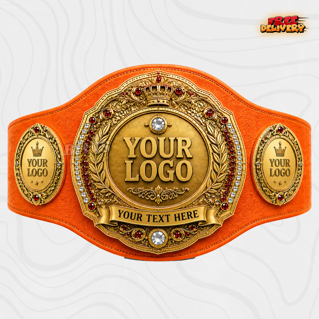 Custom Royal Crown Laurel Championship Belt in orange genuine leather strap showing gold crown wreath medallion with custom text ribbon