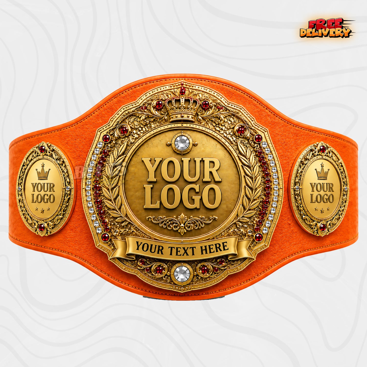 Custom Royal Crown Laurel Championship Belt in orange genuine leather strap showing gold crown wreath medallion with custom text ribbon