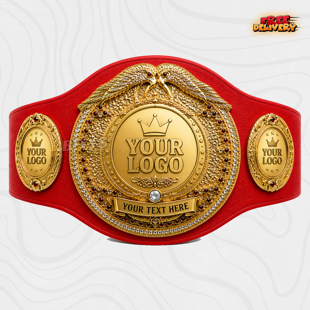 Custom Boxing Twin Eagle Championship Belt in red genuine leather strap showing gold eagle crown medallion with oval logo side plates