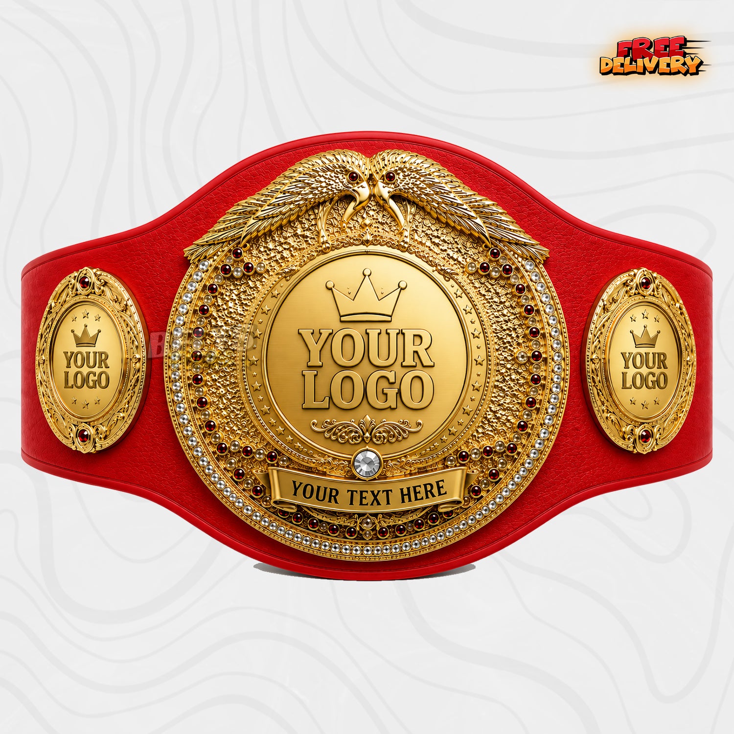 Custom Boxing Twin Eagle Championship Belt in red genuine leather strap showing gold eagle crown medallion with oval logo side plates
