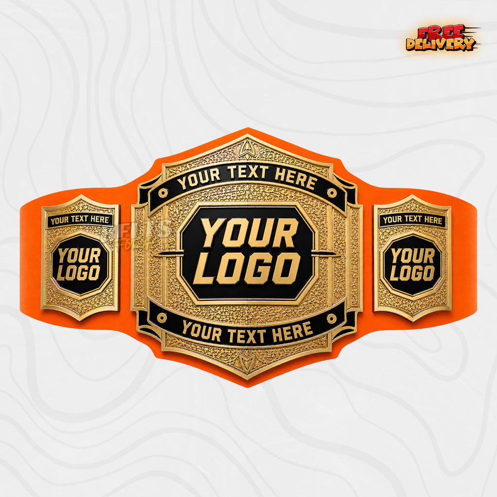 Custom Vintage Gold Championship Belt in orange genuine leather strap showing embossed gold plates with custom text banner