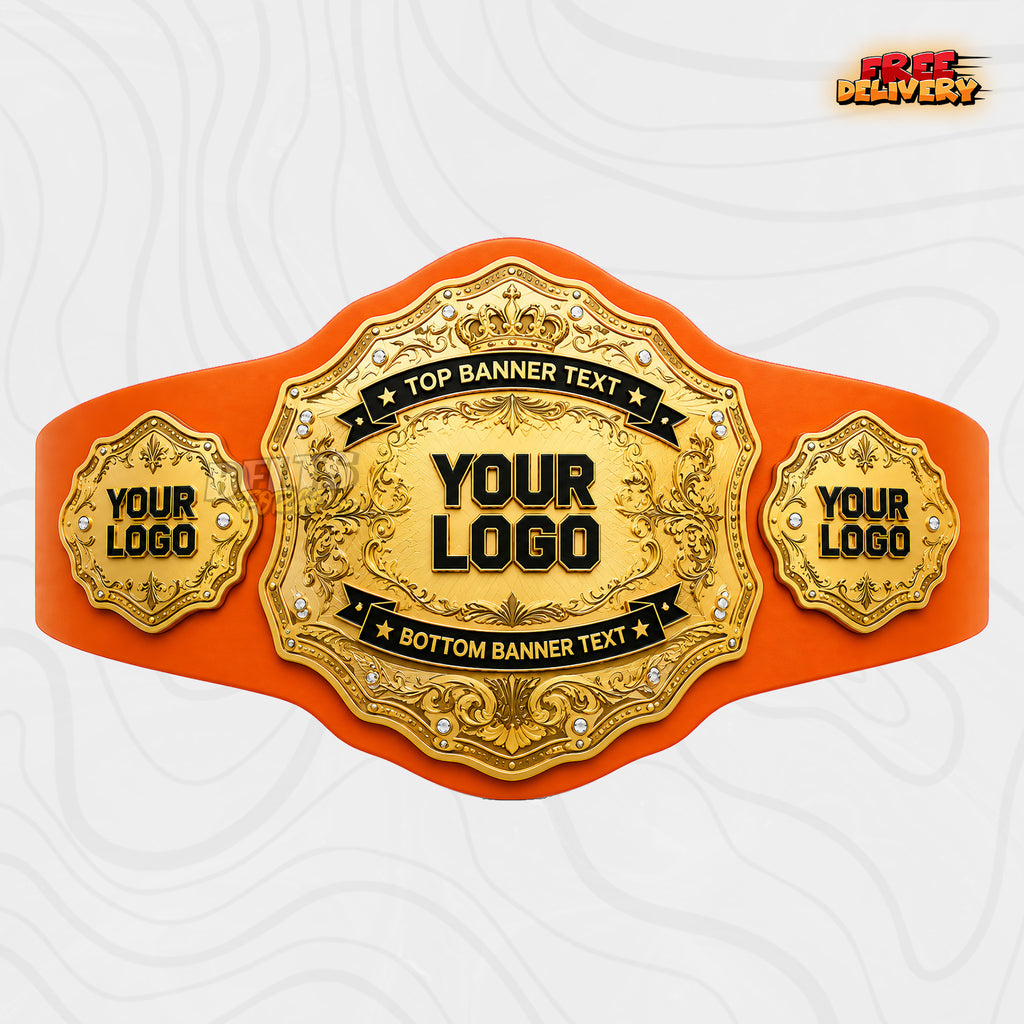 Custom Crown Sunburst Championship Belt in orange genuine leather strap showing gold engraved crown plate with fleur-de-lis side plates