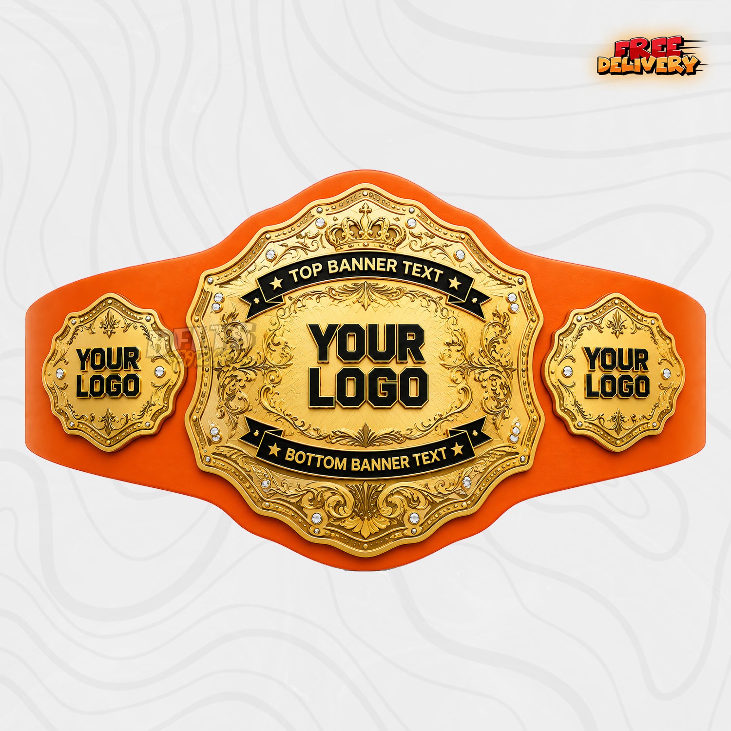 Custom Crown Sunburst Championship Belt in orange genuine leather strap showing gold engraved crown plate with fleur-de-lis side plates