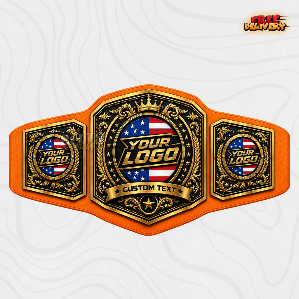 Custom Patriotic Gold Championship Belt in orange genuine leather strap showing gold engraved plates with American flag detail