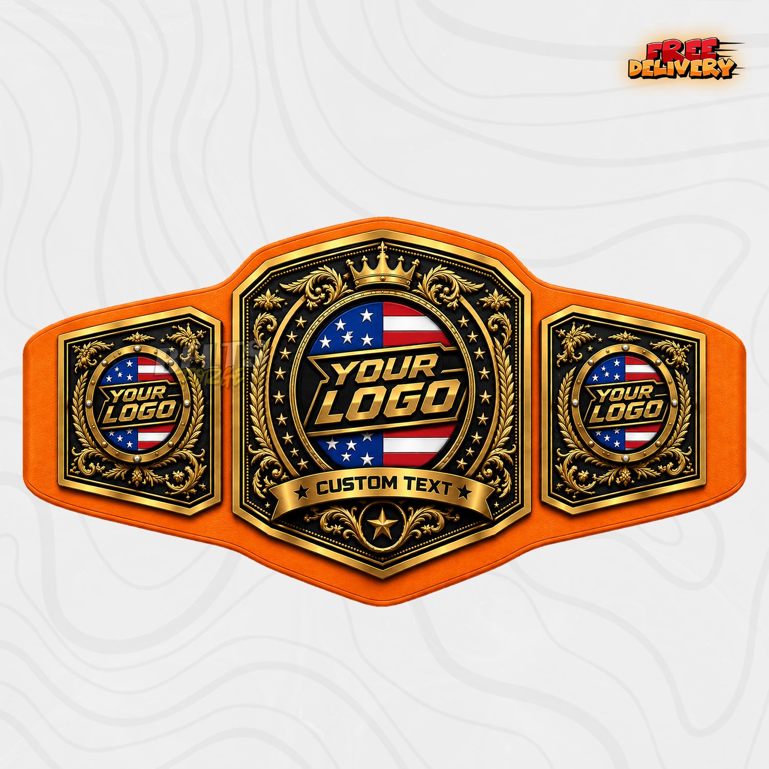 Custom Patriotic Gold Championship Belt in orange genuine leather strap showing gold engraved plates with American flag detail