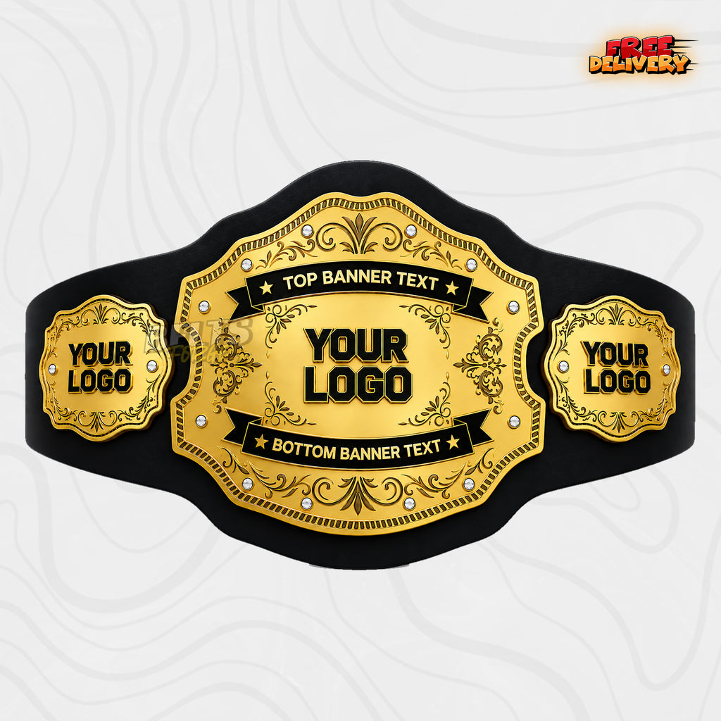 Custom Gold Filigree Banner Championship Belt in black genuine leather strap showing gold engraved plates with top and bottom banner text by Belts Forge