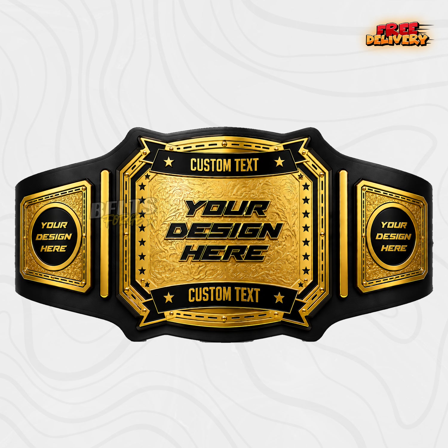 Custom Western Rodeo Championship Belt in black genuine leather strap showing gold scrollwork plates in western style by Belts Forge