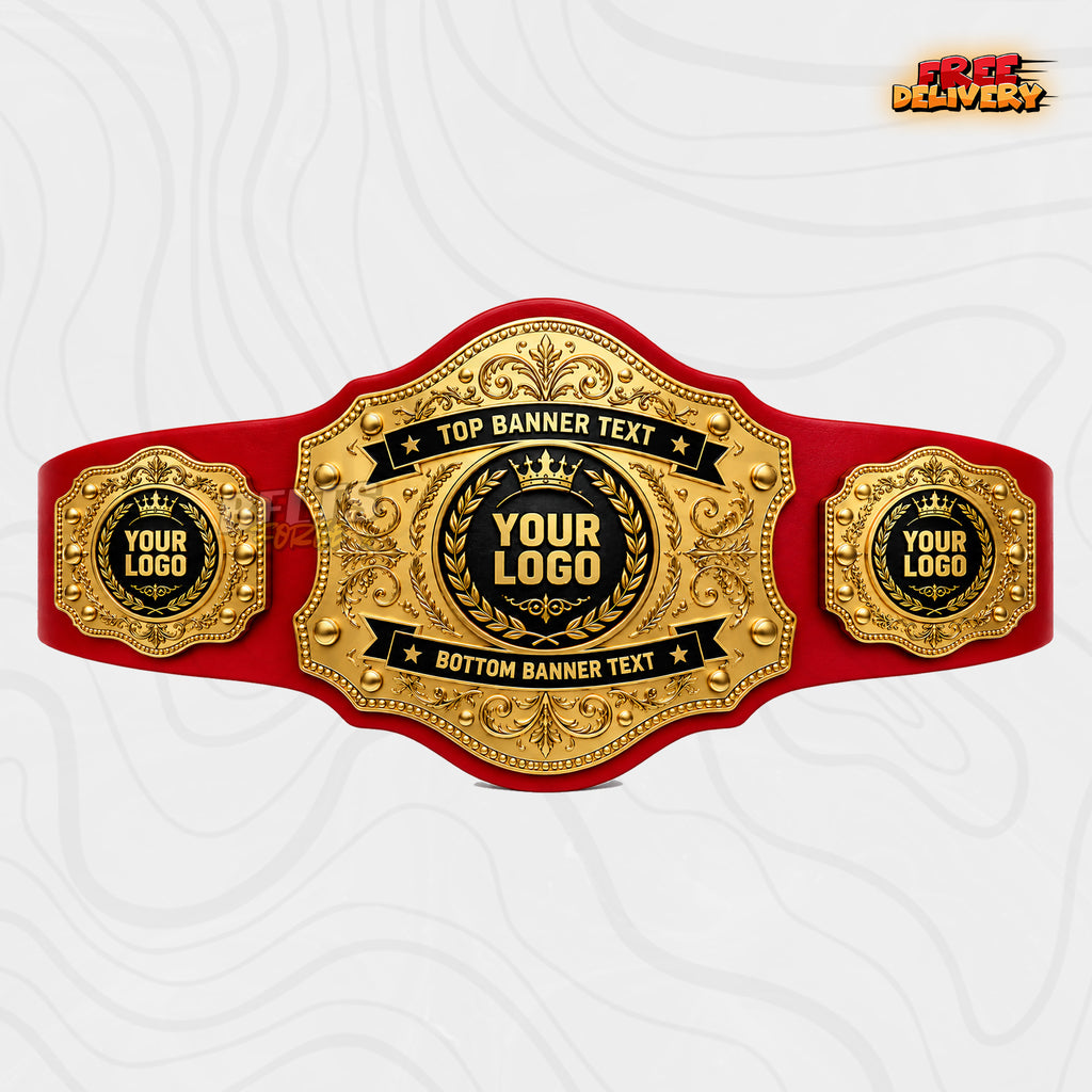 Custom Gold Baroque Banner Championship Belt in red genuine leather strap showing gold filigree crown plate with personalized logo banner text