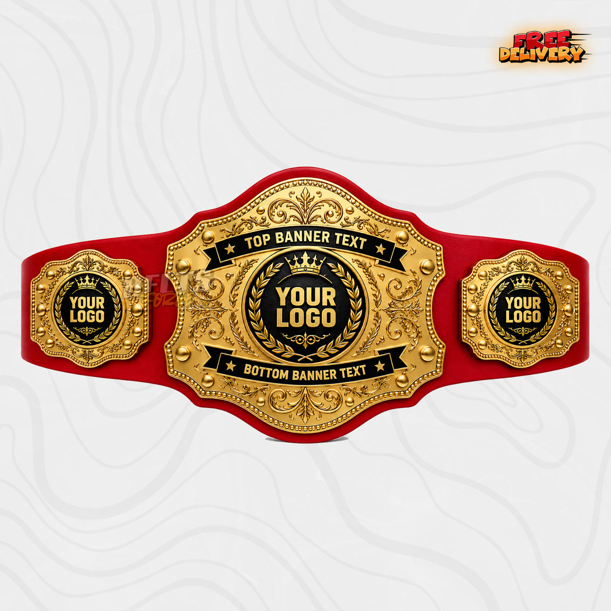 Custom Gold Baroque Banner Championship Belt in red genuine leather strap showing gold filigree crown plate with personalized logo banner text