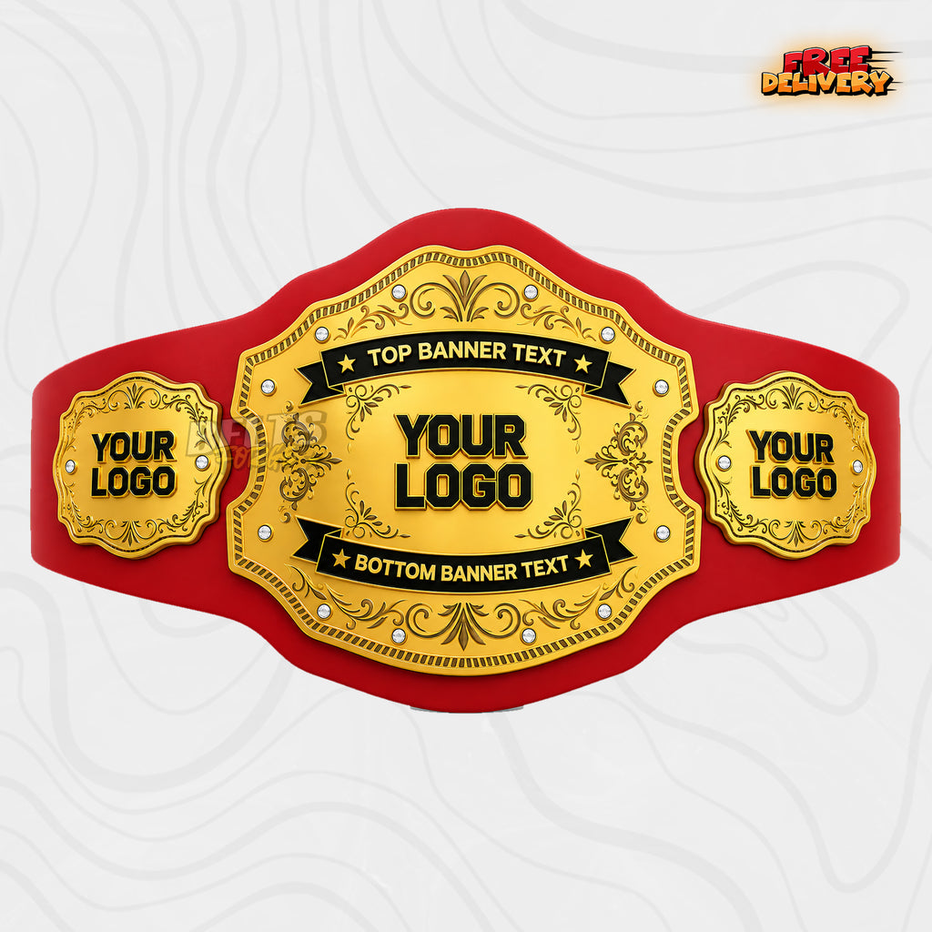Custom Gold Filigree Banner Championship Belt in red genuine leather strap showing gold filigree plates with two custom text banners