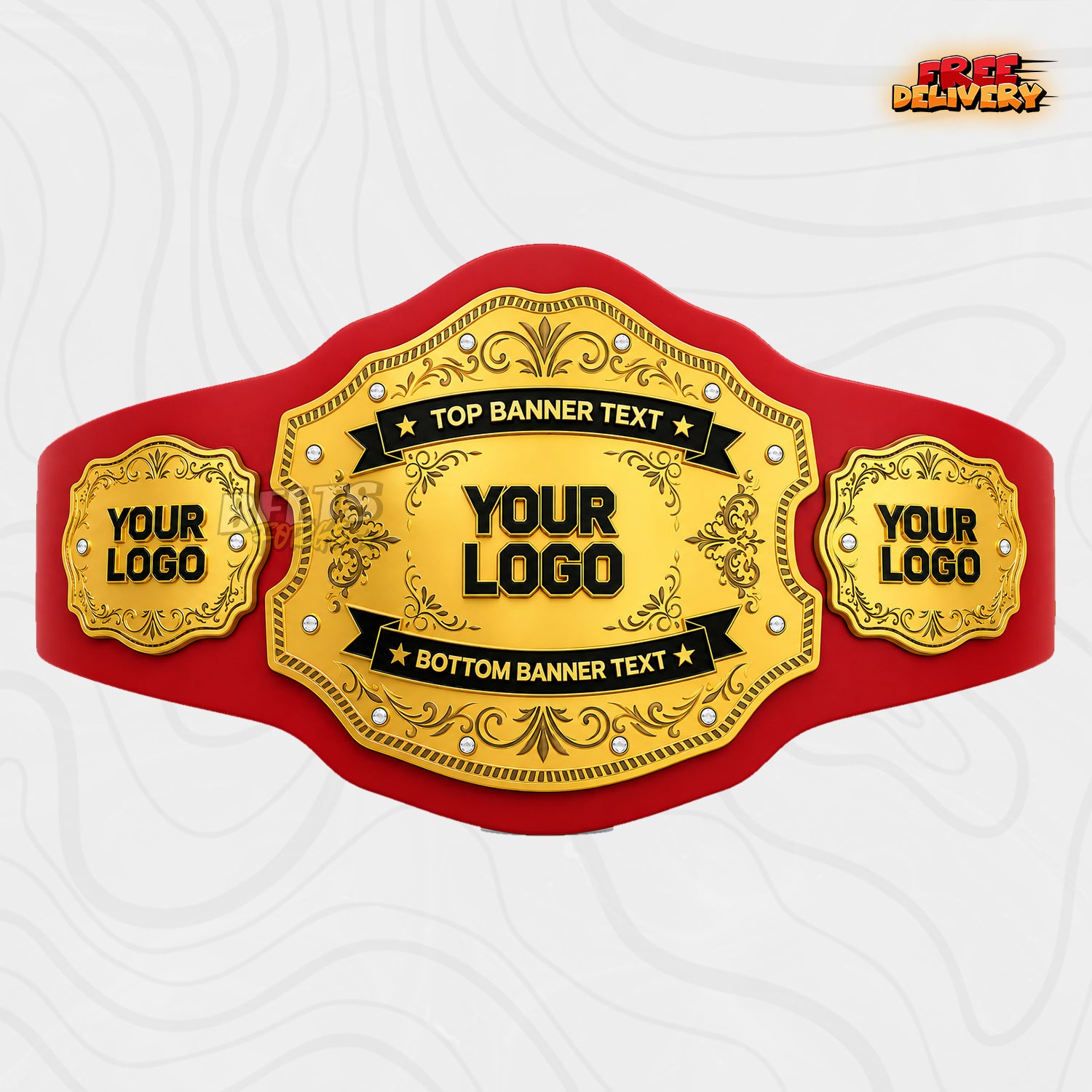 Custom Gold Filigree Banner Championship Belt in red genuine leather strap showing gold filigree plates with two custom text banners