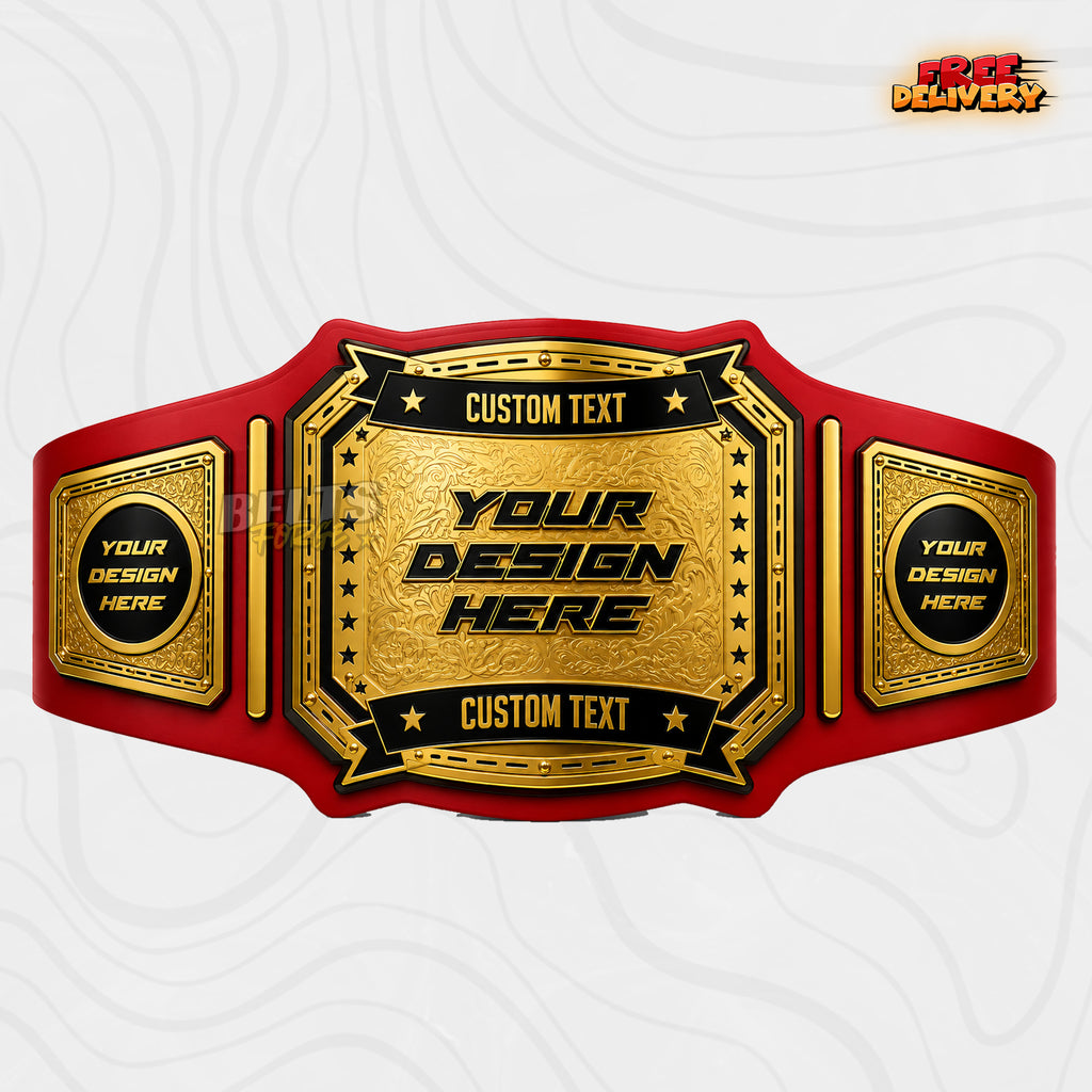 Custom Western Rodeo Championship Belt in red genuine leather strap showing gold floral engraved centre plate with star border