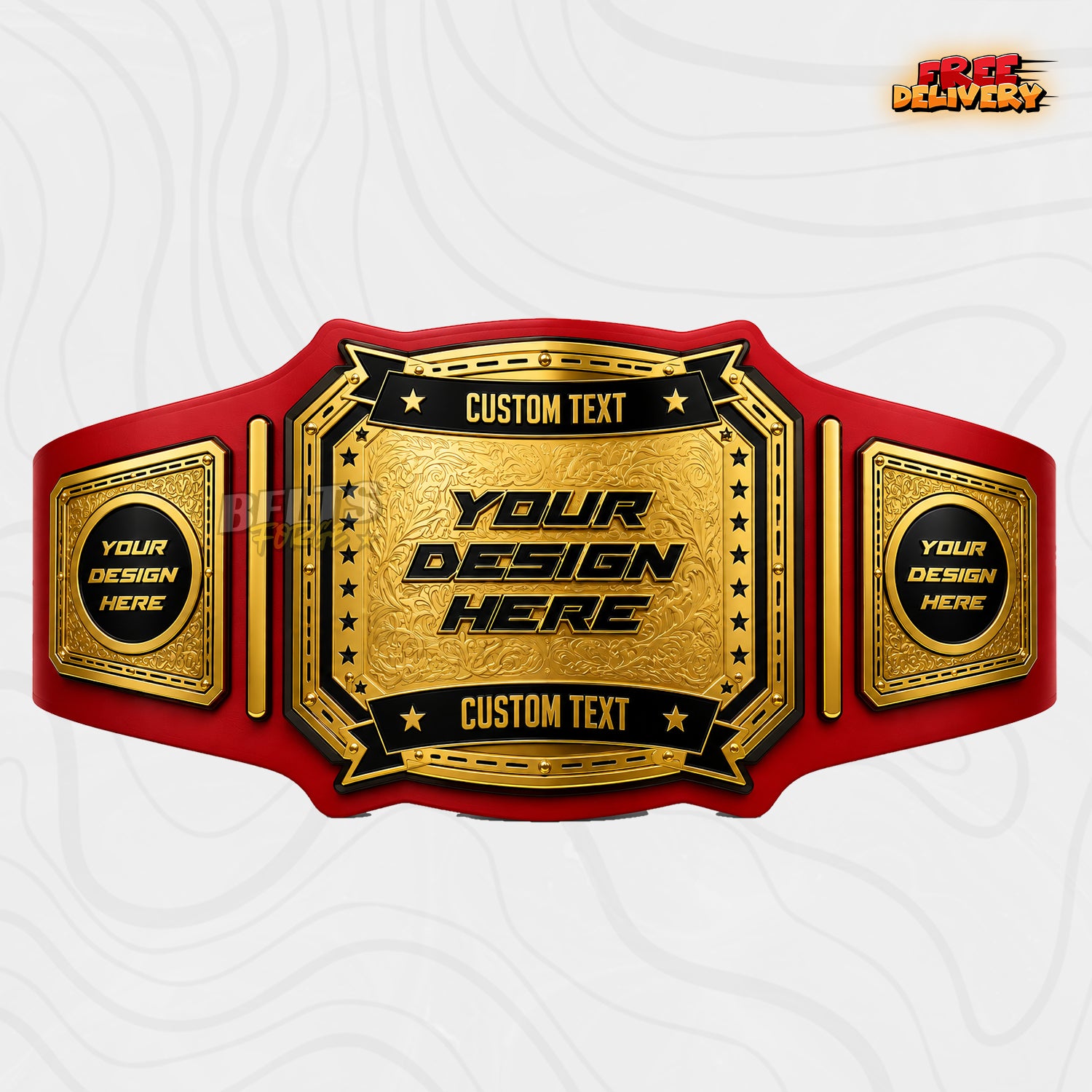 Custom Western Rodeo Championship Belt in red genuine leather strap showing gold floral engraved centre plate with star border