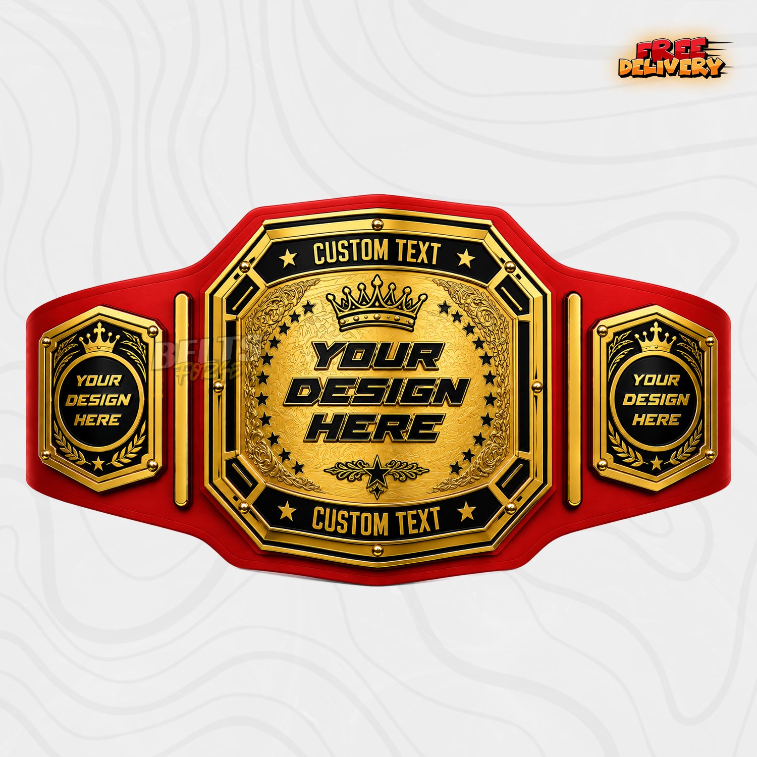 Custom Crown Star Arc Championship Belt in red genuine leather strap showing gold floral engraved plate with crown and stars
