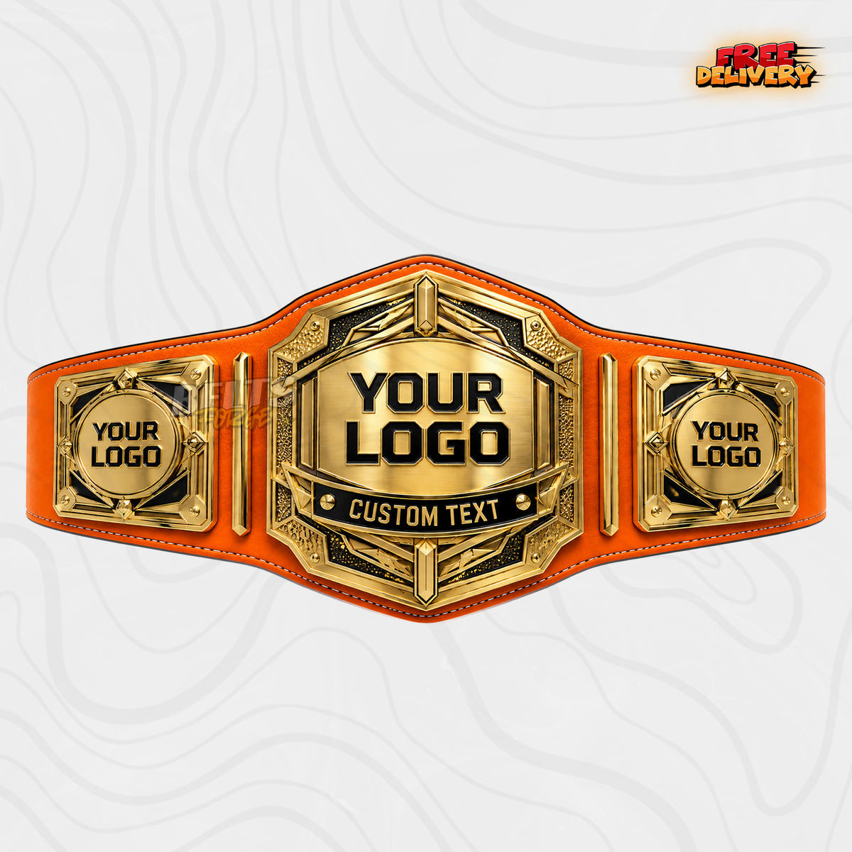 Custom Art Deco Hexagon Championship Belt in orange genuine leather strap showing gold geometric centre plate with three logo plates