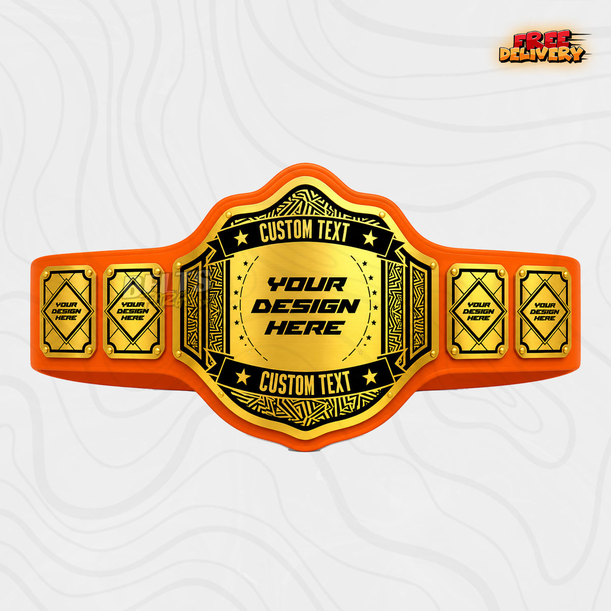 Custom Tribal Geometric Championship Belt in orange genuine leather strap showing gold geometric maze plate with custom text star banners
