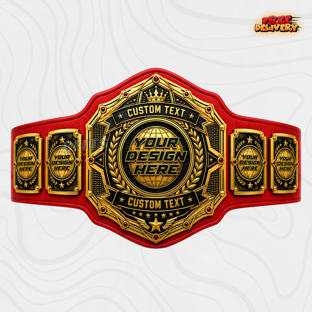 Custom World Globe Crown Championship Belt in red genuine leather strap showing gold globe crown plate with ruby gems and custom logo text
