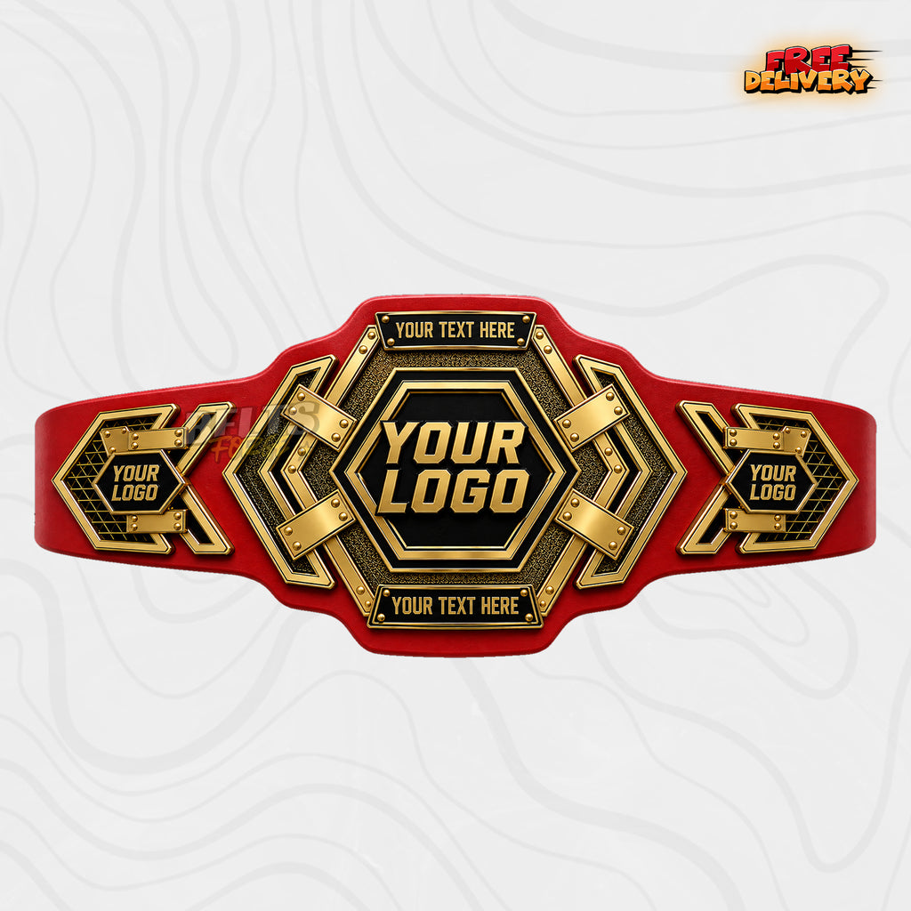 Custom Hexagon Gold Championship Belt in red genuine leather strap showing gold hexagon plates with custom text banner