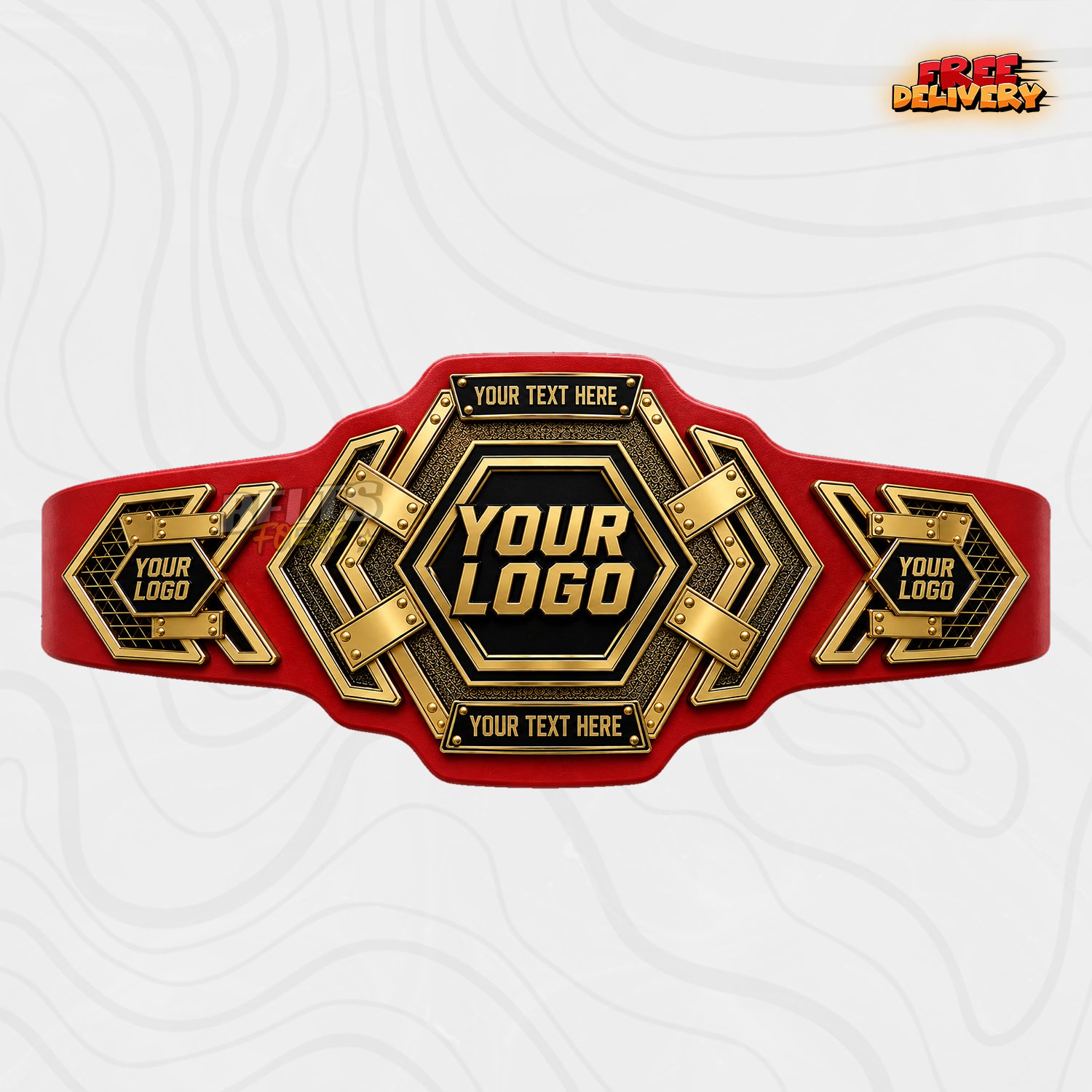 Custom Hexagon Gold Championship Belt in red genuine leather strap showing gold hexagon plates with custom text banner