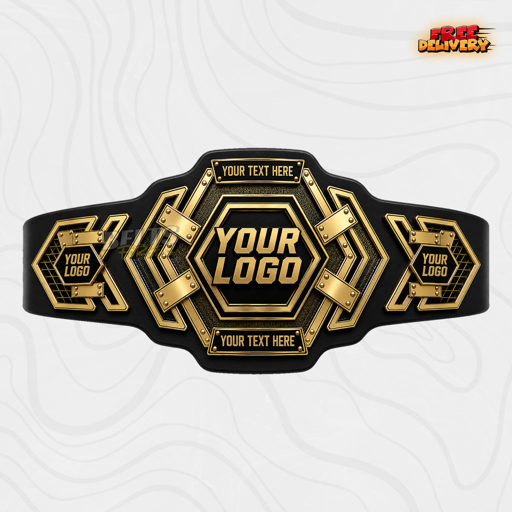 Custom Hexagon Gold Championship Belt in black genuine leather strap showing gold hexagon plates with riveted detailing by Belts Forge